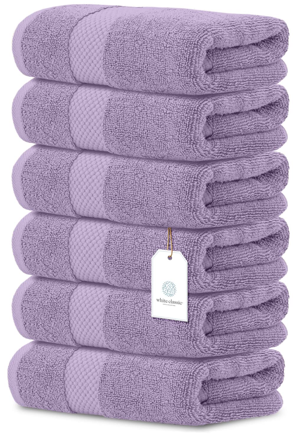 White Classic Lavender towels highlight plush texture for luxurious daily bathroom use.