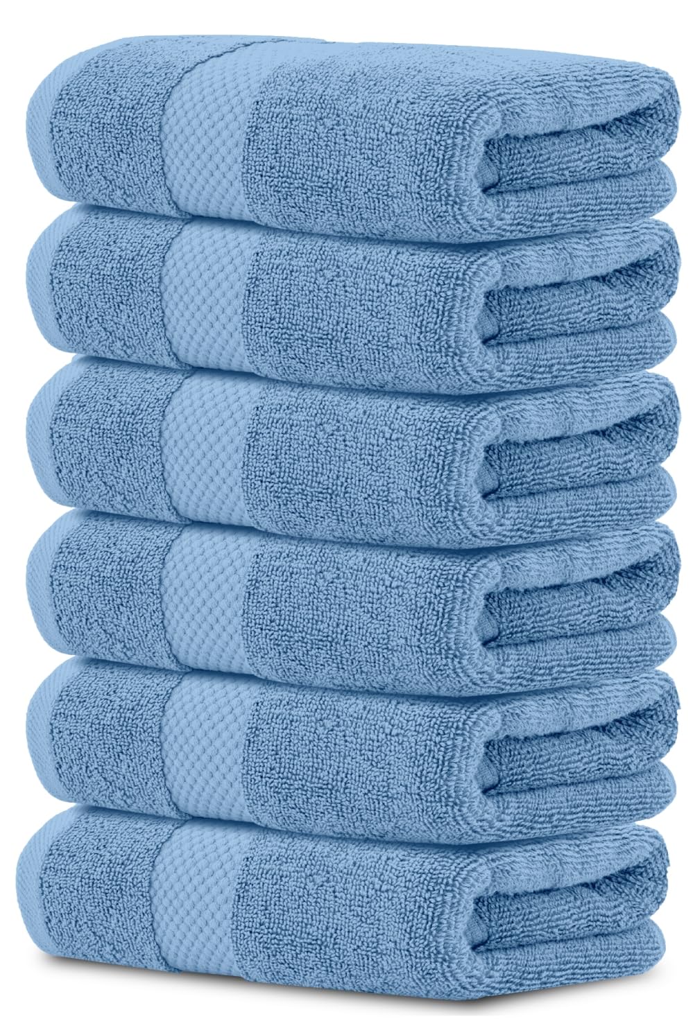 White Classic light blue hand towels, 16x30, plush and highly absorbent.