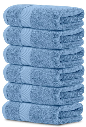 White Classic light blue hand towels, 16x30, plush and highly absorbent.