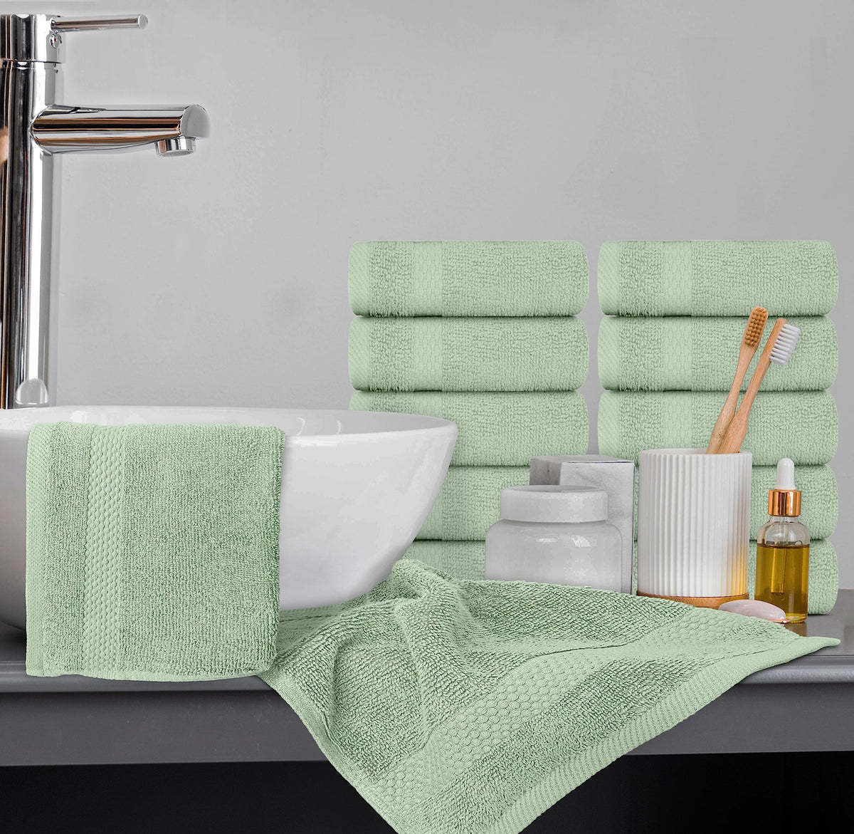 White Classic light-green washcloth adds a serene spa vibe