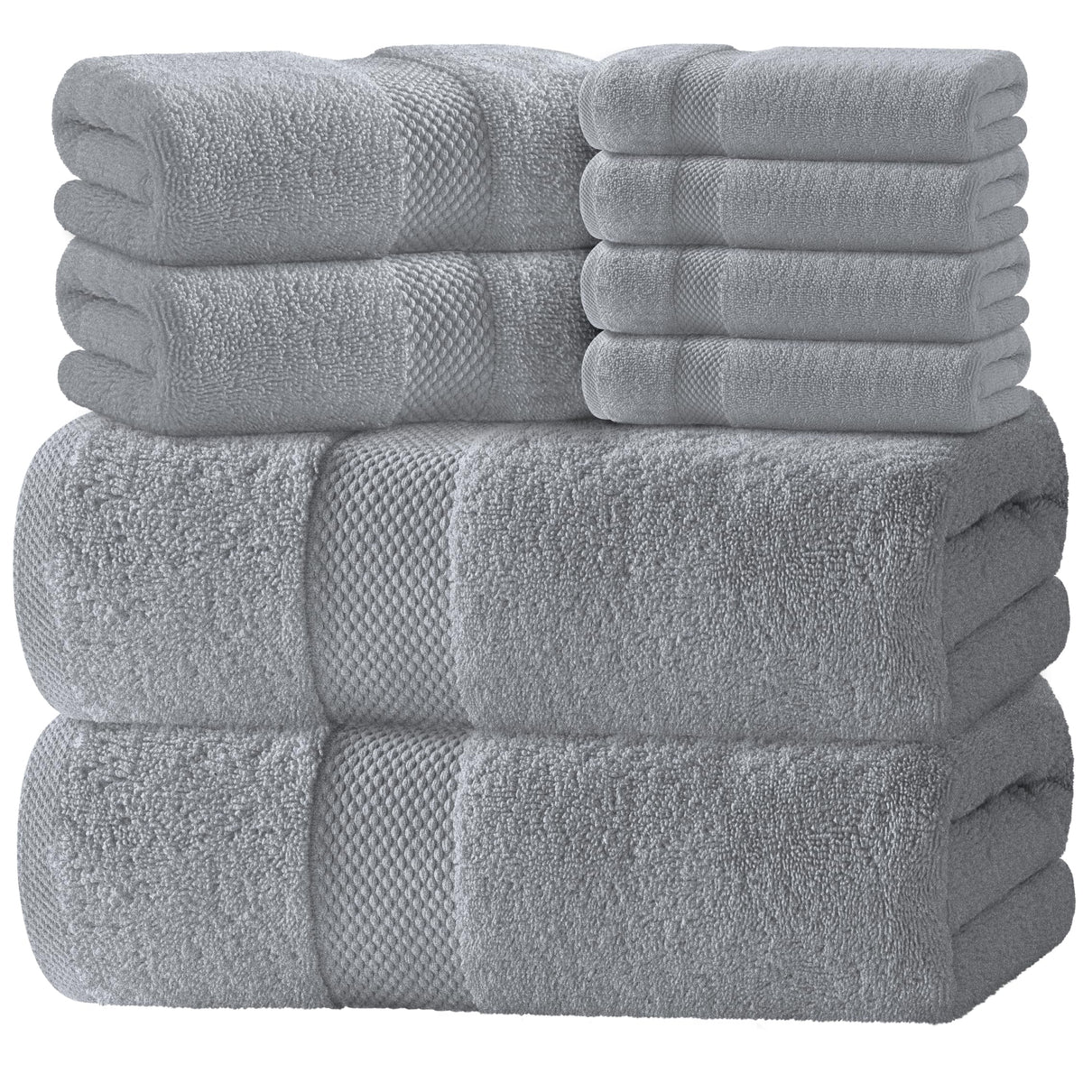 White Classic luxury bath towel set eight-piece package for spa-like bathroom comfort.