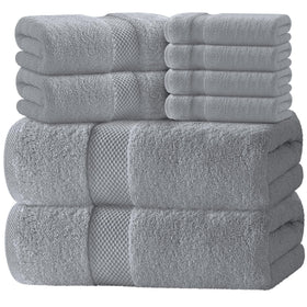 White Classic luxury bath towel set eight-piece package for spa-like bathroom comfort.