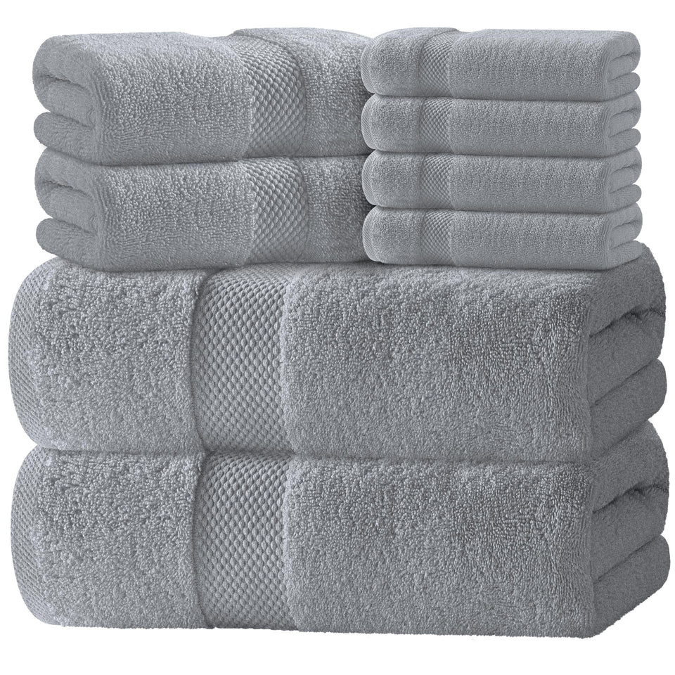 White Classic luxury bath towel set eight-piece package for spa-like bathroom comfort.