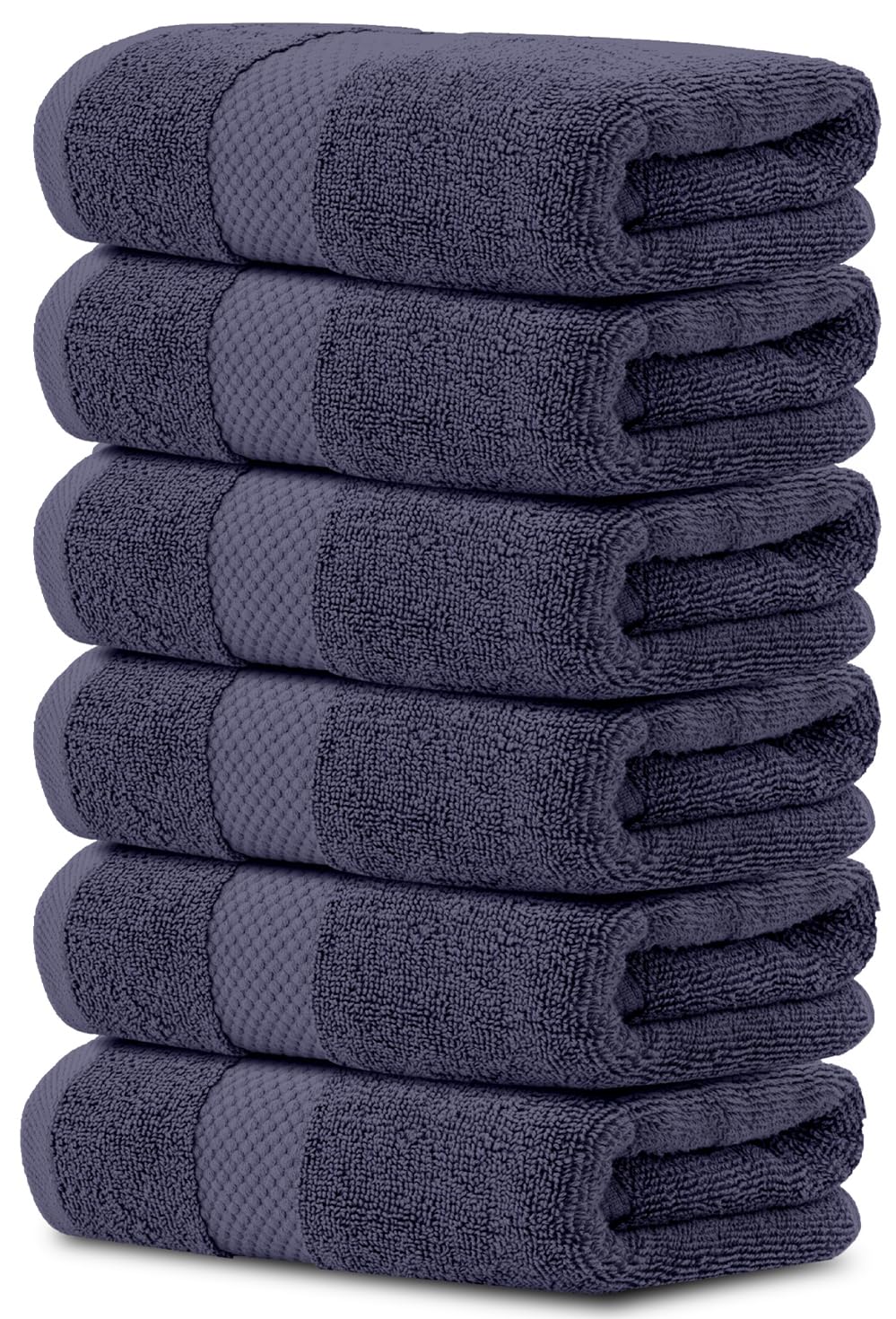 White Classic luxury navy blue towels six-piece set neatly stacked for hotel-grade softness
