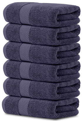 White Classic luxury navy blue towels six-piece set neatly stacked for hotel-grade softness