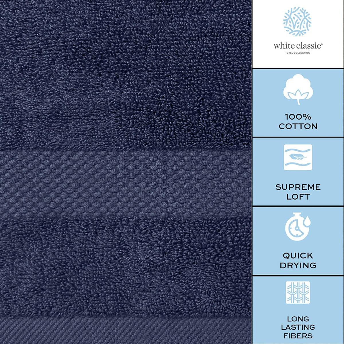 White Classic spa-ready navy towel draped on vanity for a luxe vibe