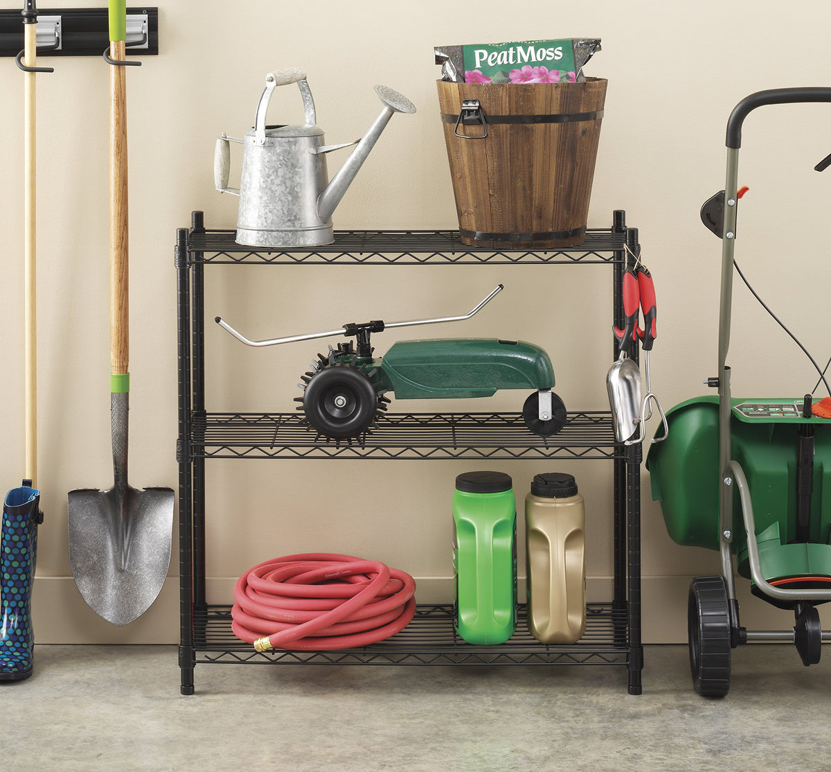 Whitmor 3-tier shelving unit with durable steel frame supports heavy loads