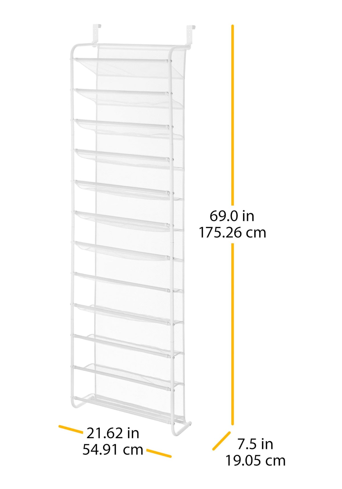 Whitmor shoe organizer with mesh back highlights airflow and odor control benefits.