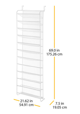 Whitmor shoe organizer with mesh back highlights airflow and odor control benefits.