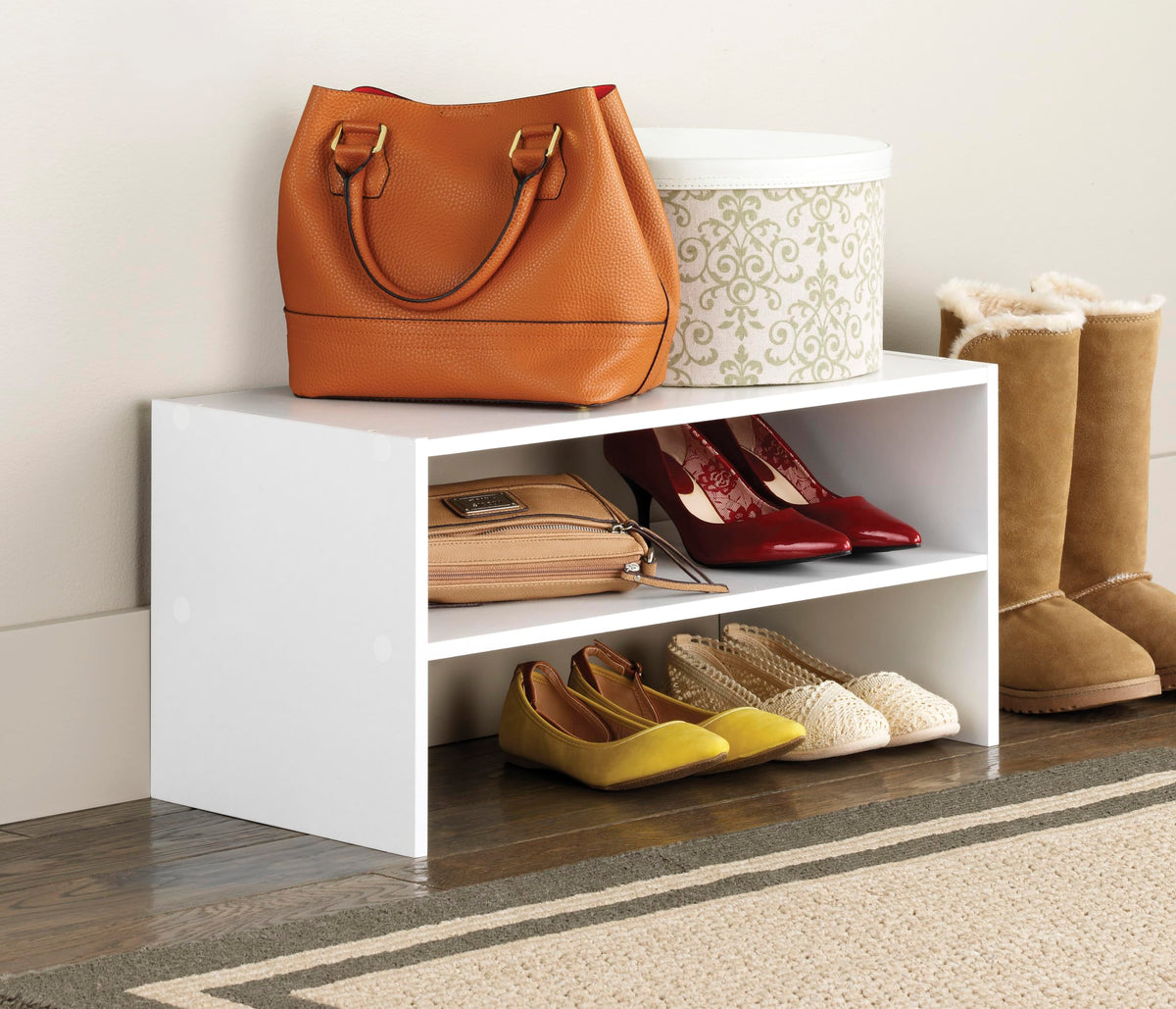 Whitmor shoe rack with assembly tools included highlights easy setup.