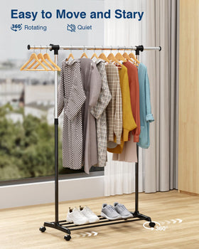 Whitmor rolling garment rack with bottom shelf for shoes or bags.