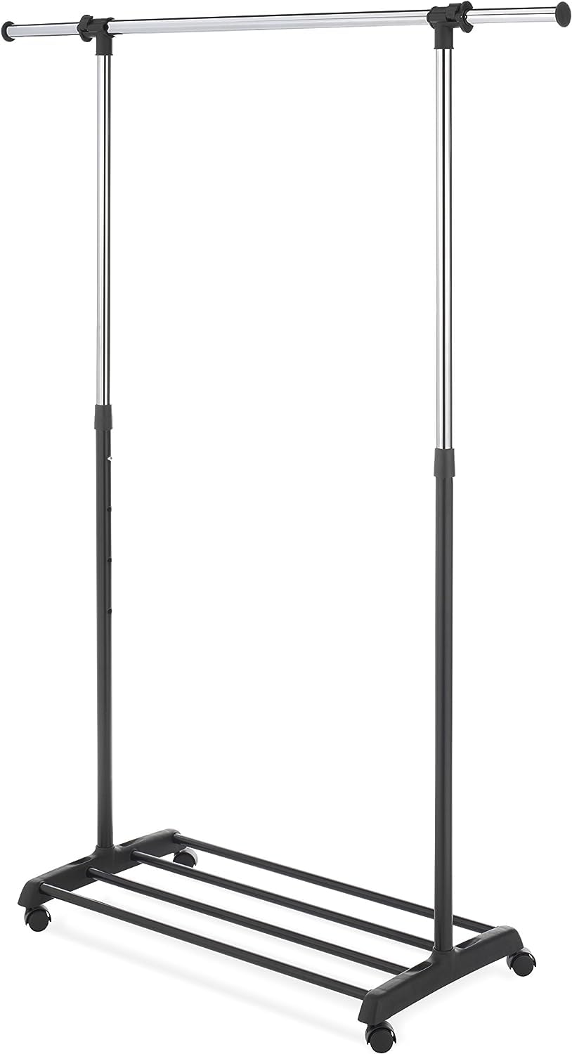 Whitmor Deluxe adjustable garment rack side view with mobility and space-saving design.