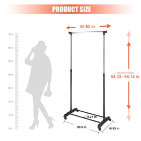 Whitmor garment rack on smooth rolling wheels for easy relocation