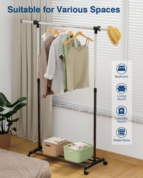 Whitmor garment rack on wheels enabling easy movement in a laundry area.