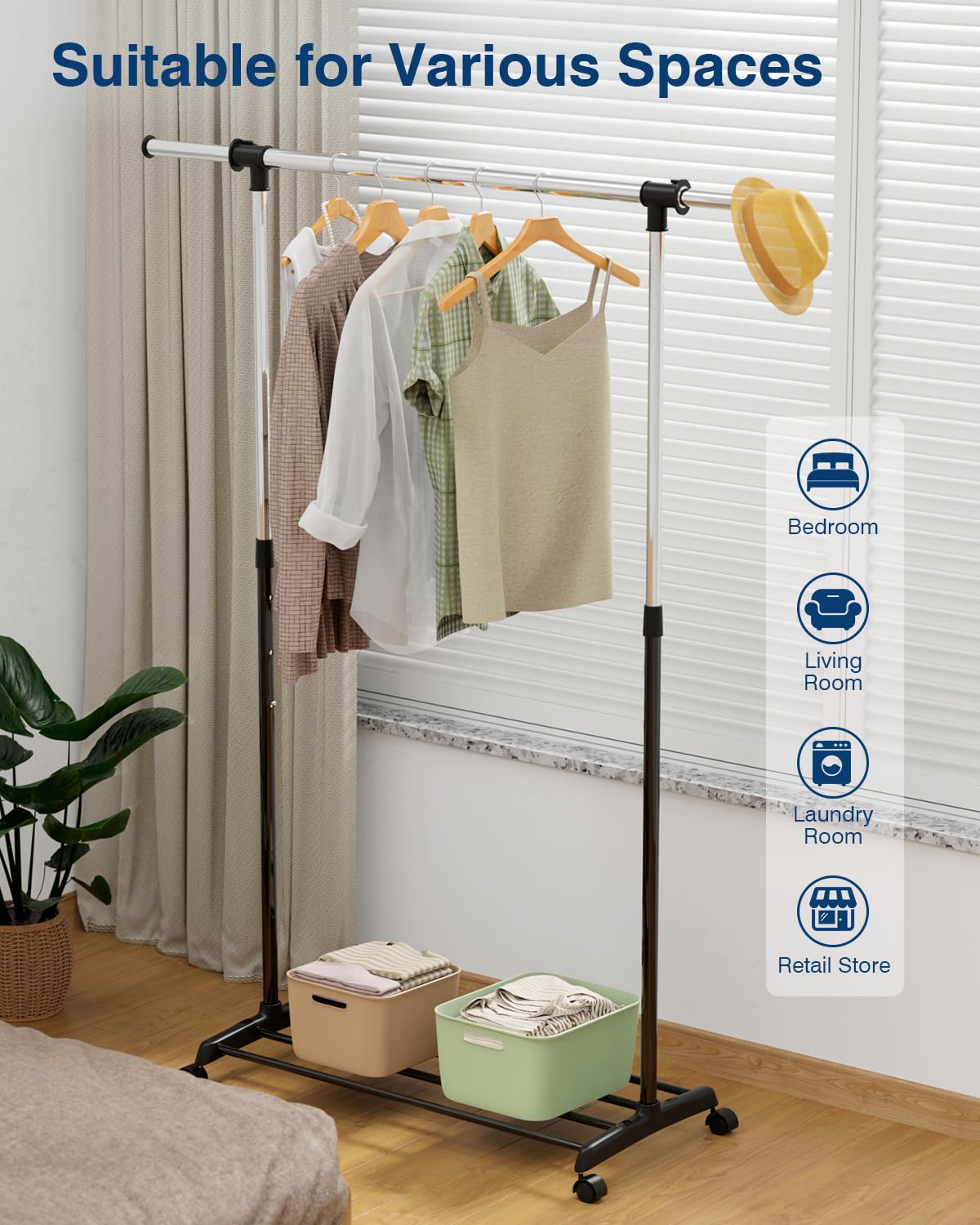 Whitmor garment rack on wheels enabling easy movement in a laundry area.