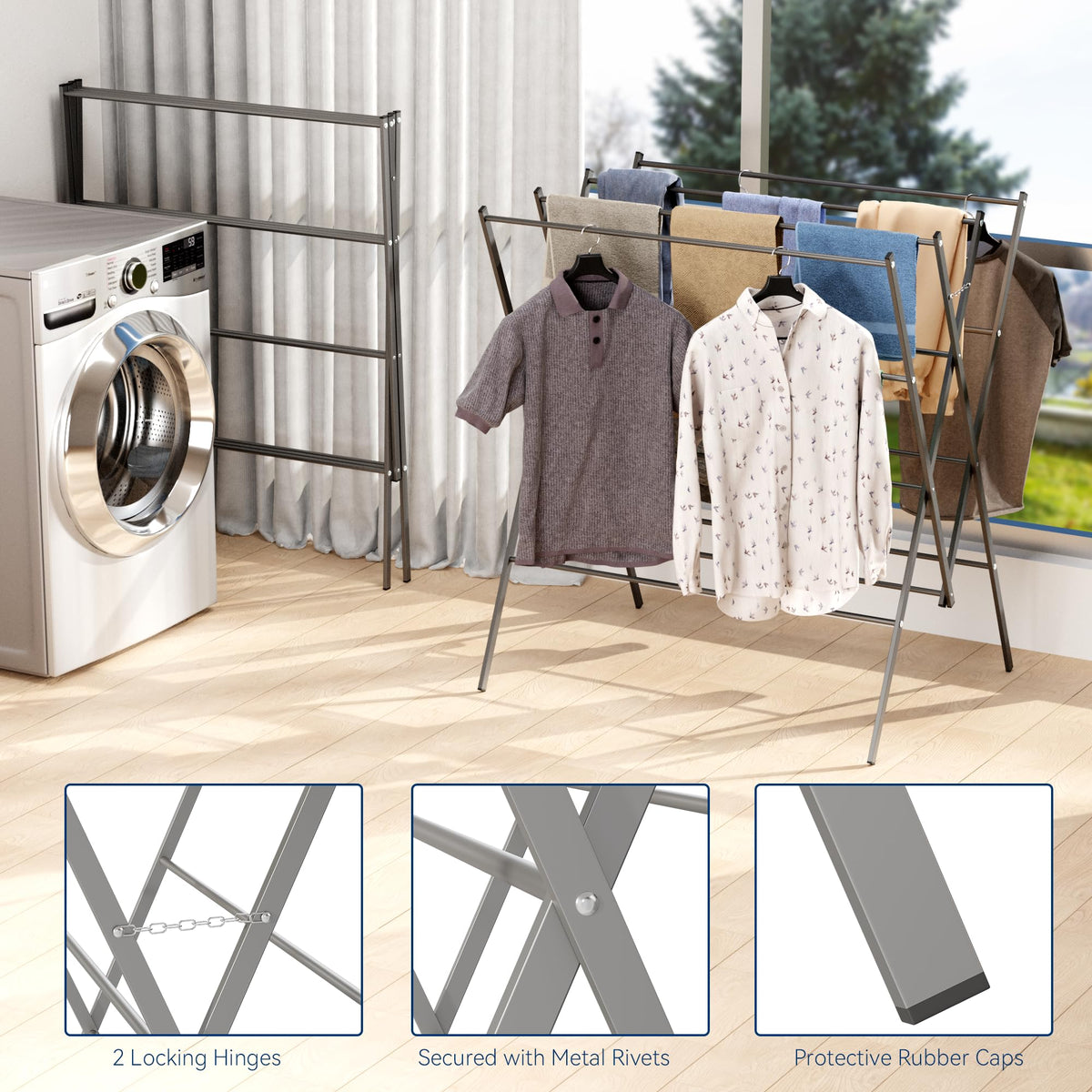 Whitmor 37 by 27.5 by 41 inch rack fits indoors or outdoors.