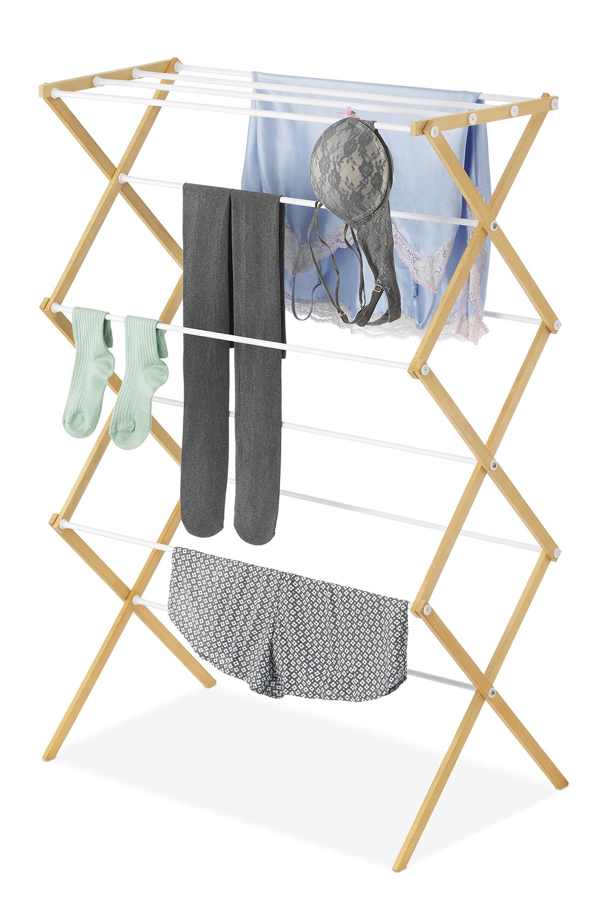 Whitmor foldable drying rack with accordion design for space-saving storage.