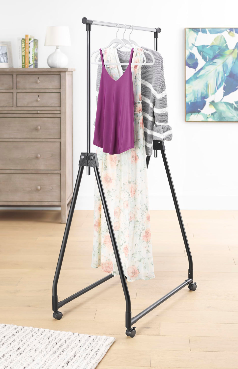 Whitmor folding garment rack in black with easy assembly