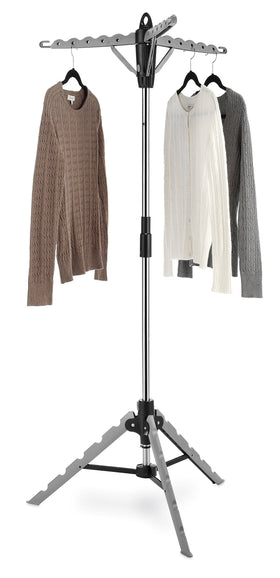 Whitmor garment drying rack with folding tripod design for easy storage.