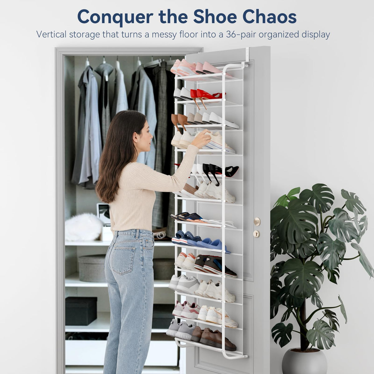 Whitmor heavy-duty metal frame provides durable storage for multiple pairs.