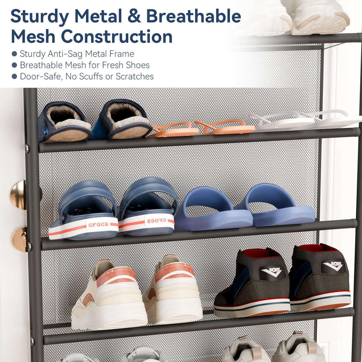 Whitmor mesh-backed design prevents shoes from falling and protects door surfaces