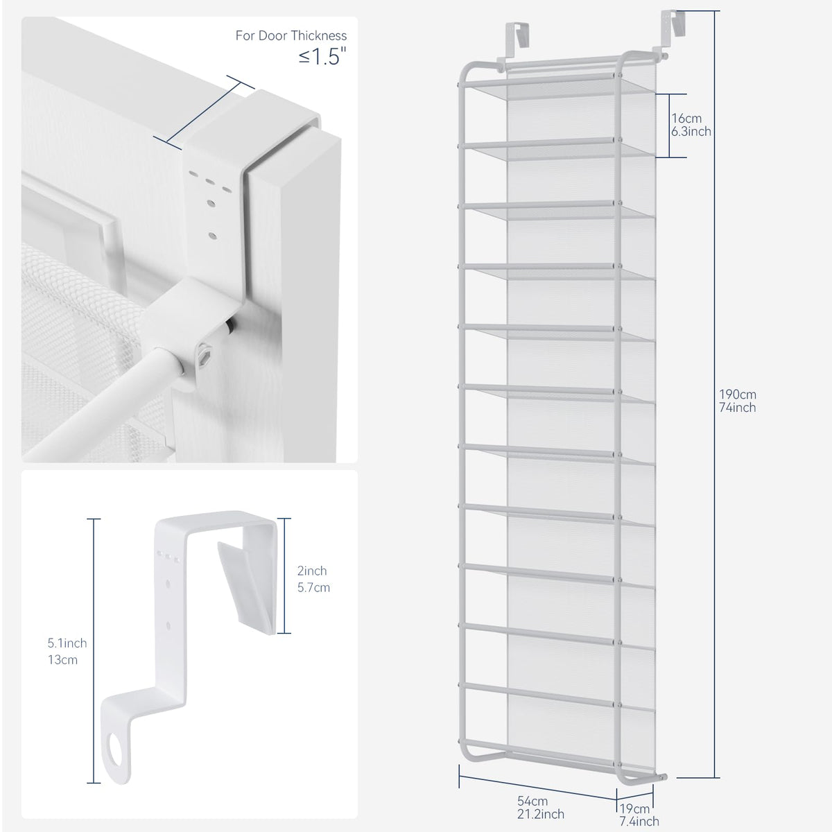 Whitmor mesh-back panel keeps shoes in place and protects the door.