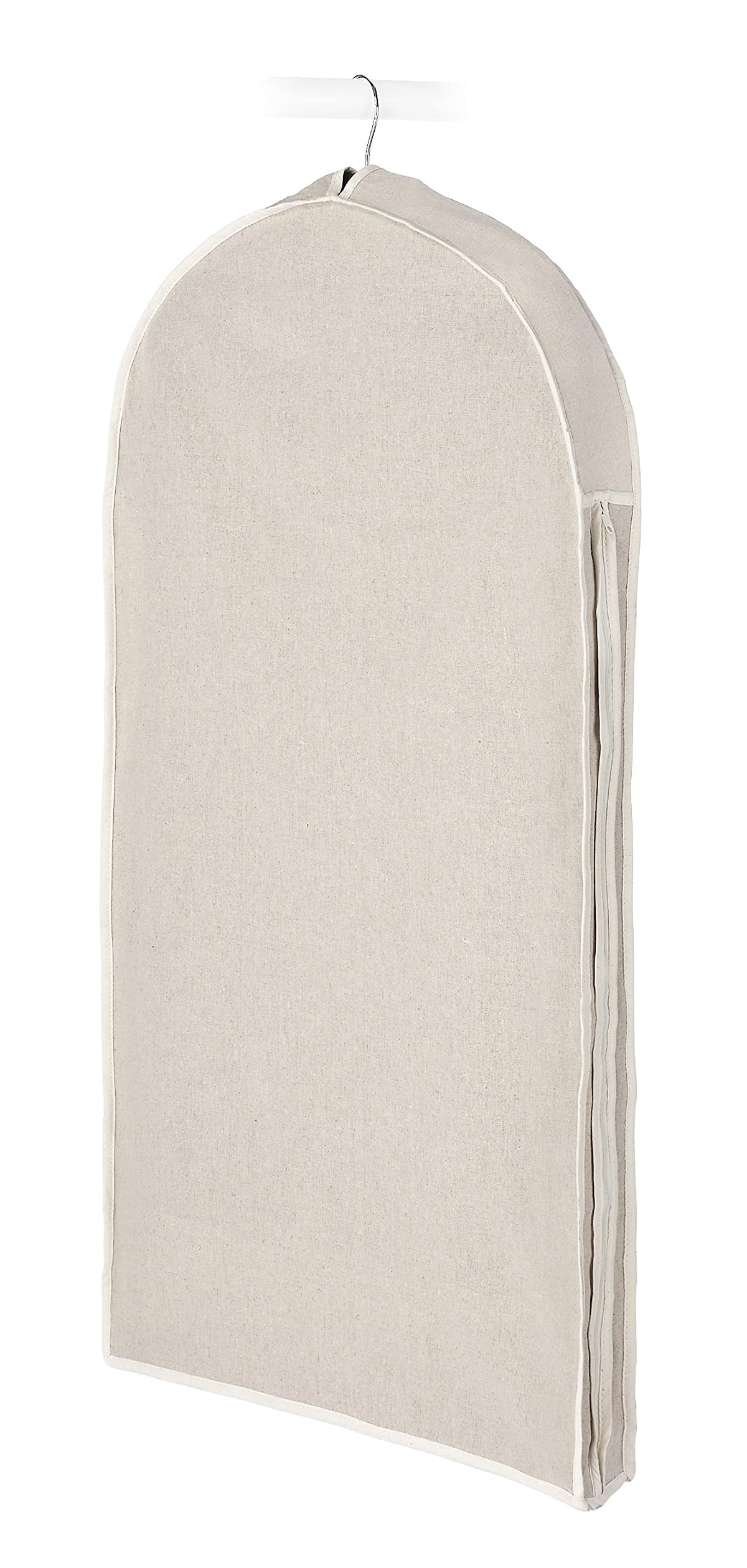 Whitmor natural linen garment bag front view showing durable fabric and hanger-friendly design.