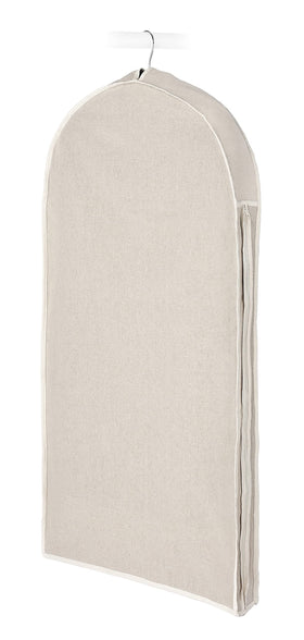 Whitmor natural linen garment bag front view showing durable fabric and hanger-friendly design.
