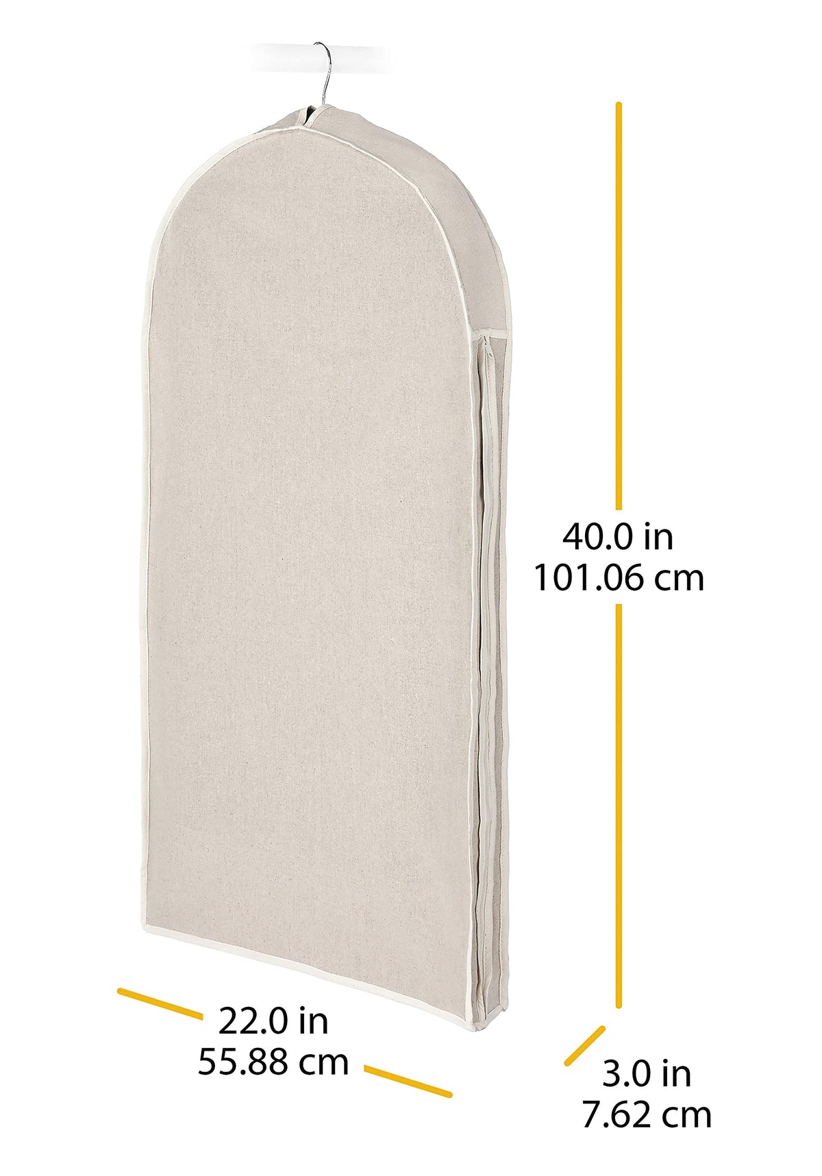 Whitmor natural linen garment bag zipper close-up highlighting easy-access and dust-free storage.