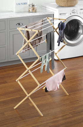 Whitmor natural wood drying rack top shelf for hanging or air-drying.