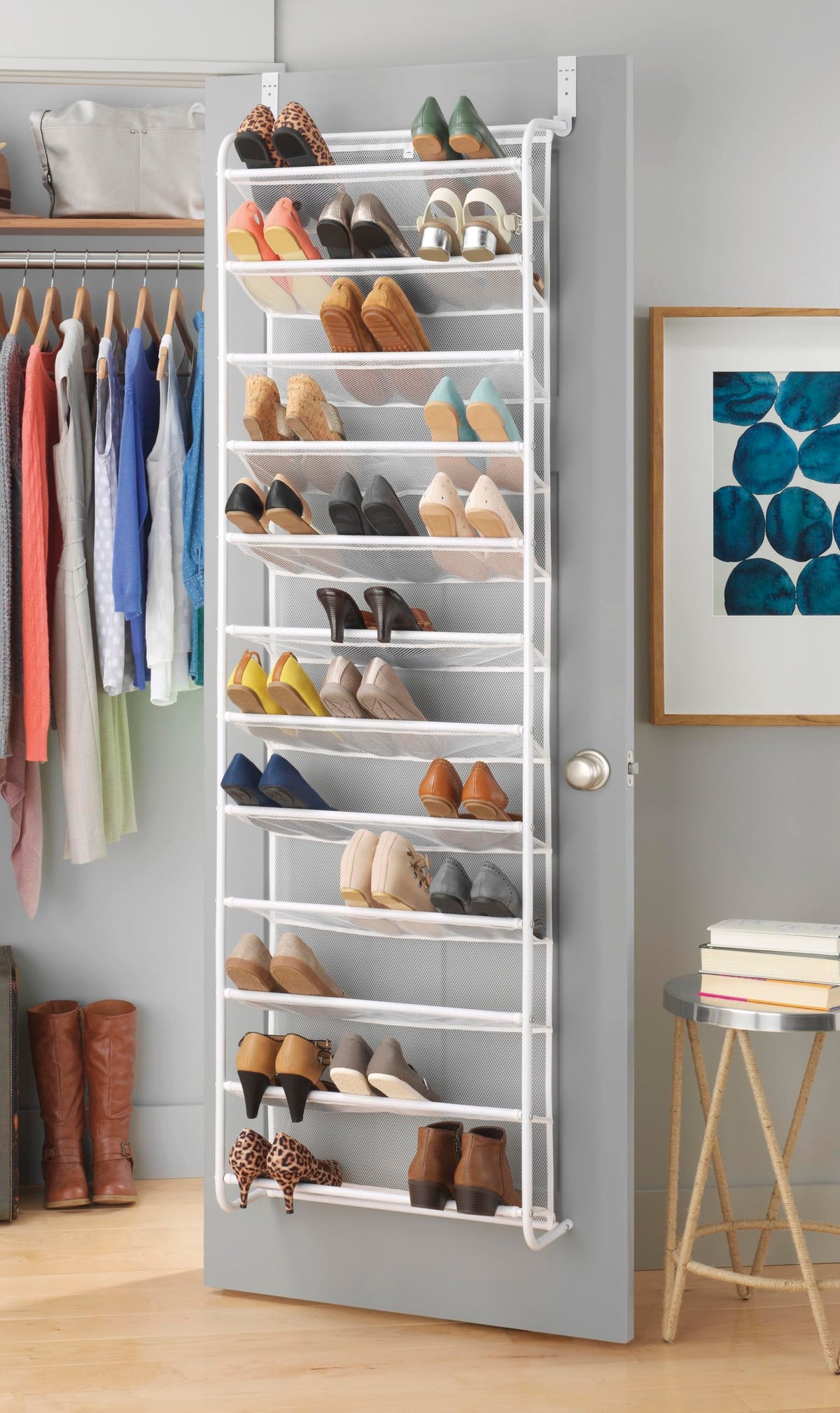 Whitmor over-the-door shoe organizer with 12 tiers stores 36 pairs, saving closet space.