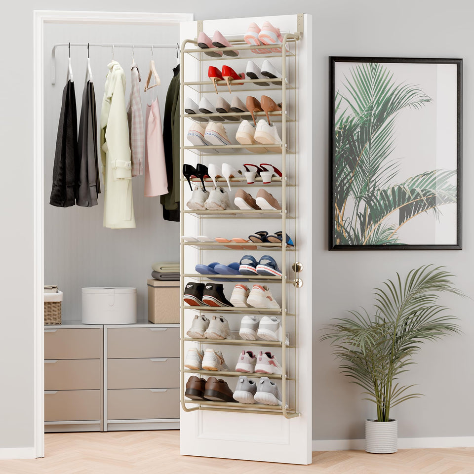 Whitmor over-the-door shoe organizer with 12 tiers holds 36 pairs.