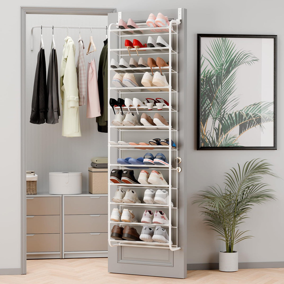 Whitmor over-the-door shoe organizer with 12 tiers for easy access.