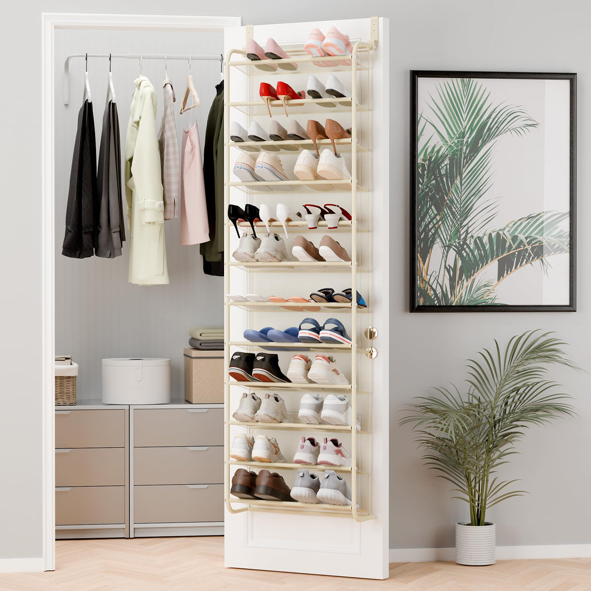 Whitmor over-the-door shoe organizer with 12 tiers holds 36 pairs