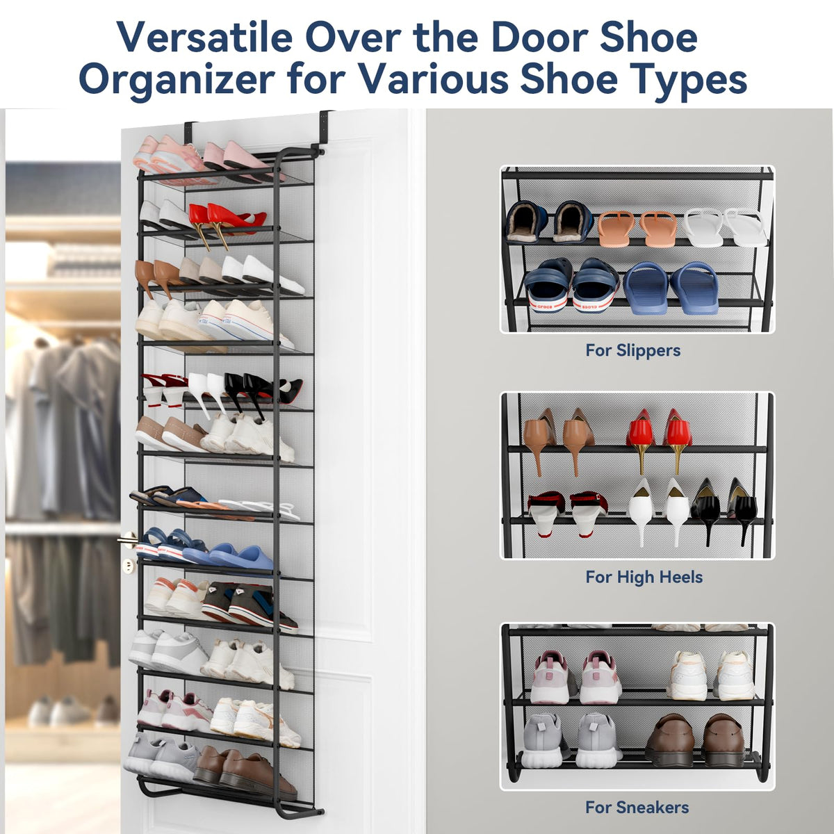 Whitmor over-the-door shoe rack installs without drilling, ideal for renters
