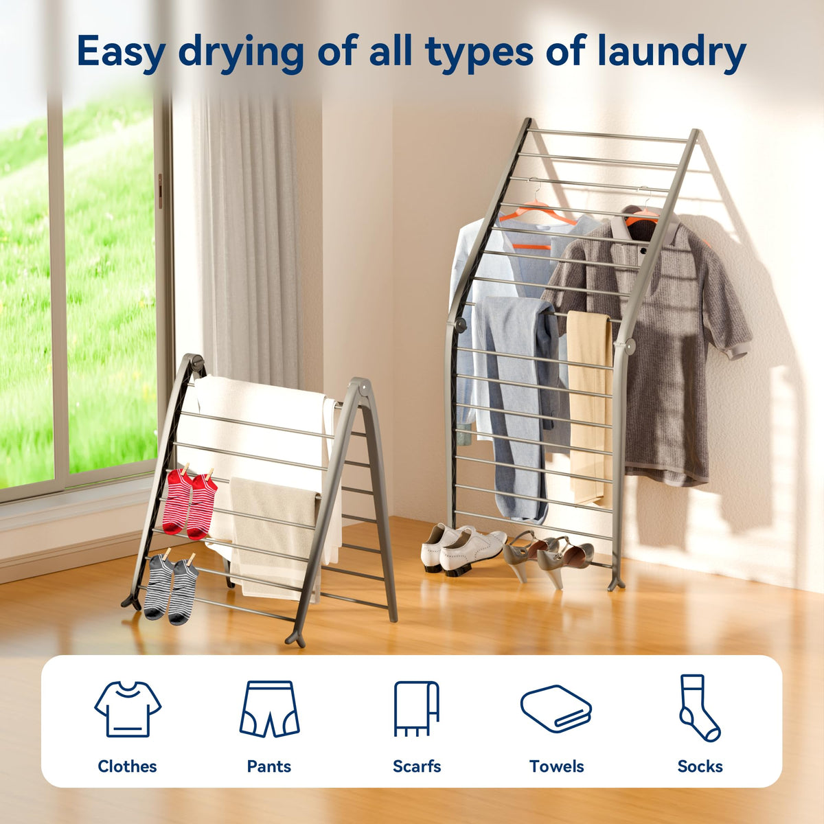Whitmor Spacemaker Folding Drying Rack with dimensions 6 in depth, 26 in width, 51.5 in height.