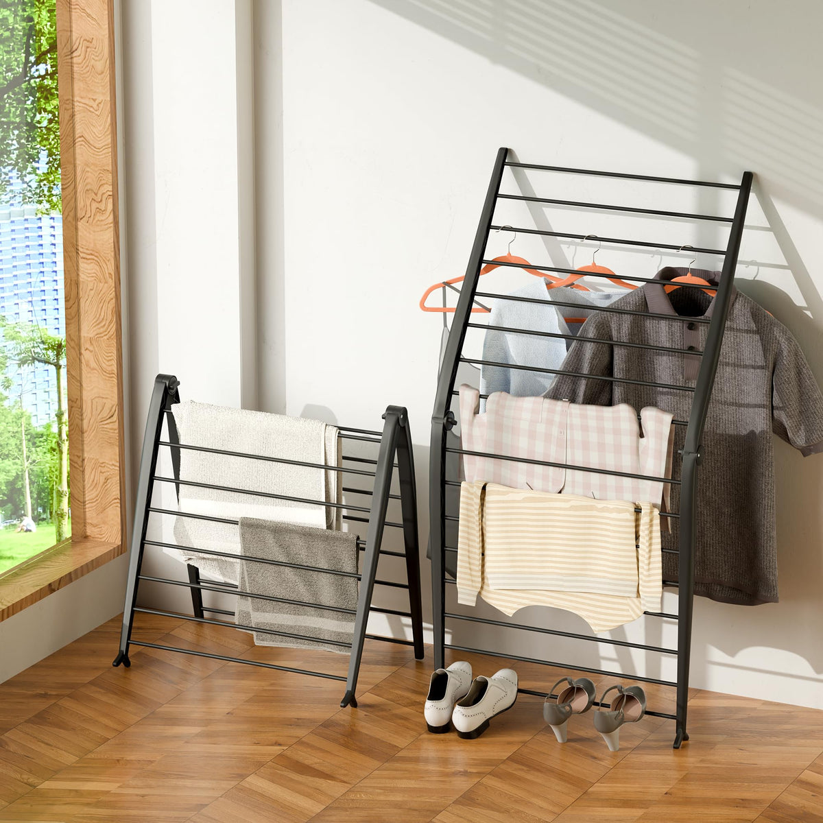 Whitmor Spacemaker drying rack assembled for full-height indoor clothes drying.