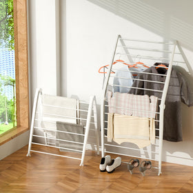 Whitmor Spacemaker folding-drying-rack assembly showcases compact, space-saving setup for small laundry rooms.