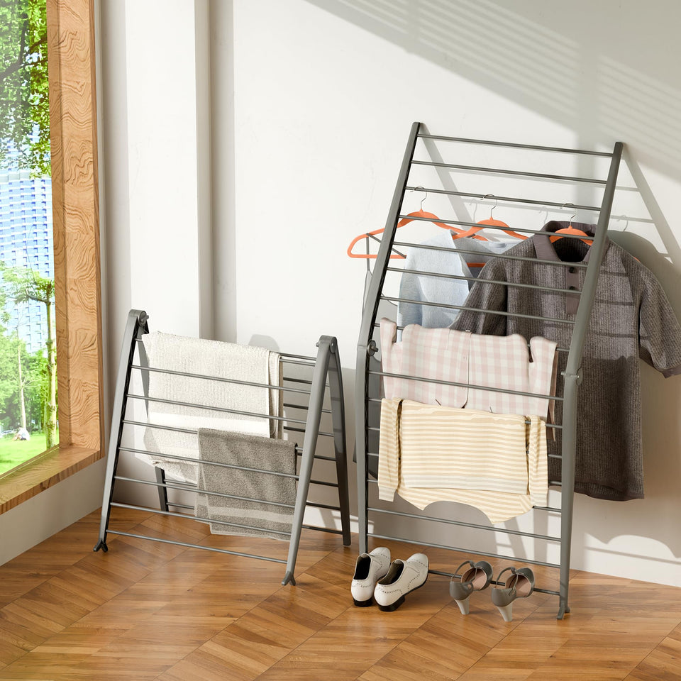 Whitmor Spacemaker Folding Drying Rack leaning against a wall for space-saving air-drying.