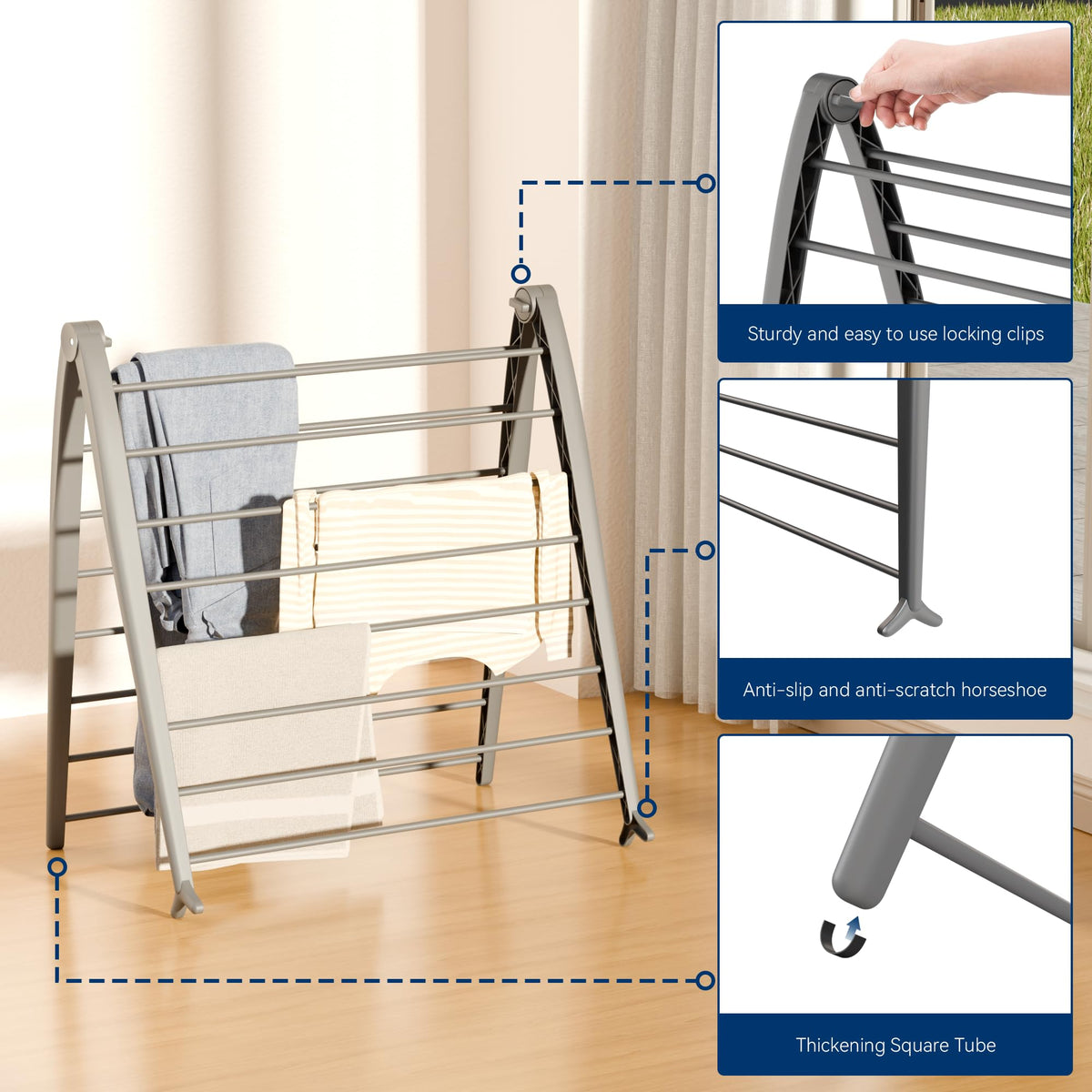 Whitmor Spacemaker Folding Drying Rack showing rust-resistant coated tubes.
