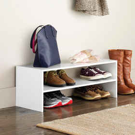 Whitmor two-shelf rack in white demonstrates shoe storage capacity up to nine pairs.