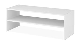 Whitmor white storage unit highlights compact two-shelf layout for closet organization.