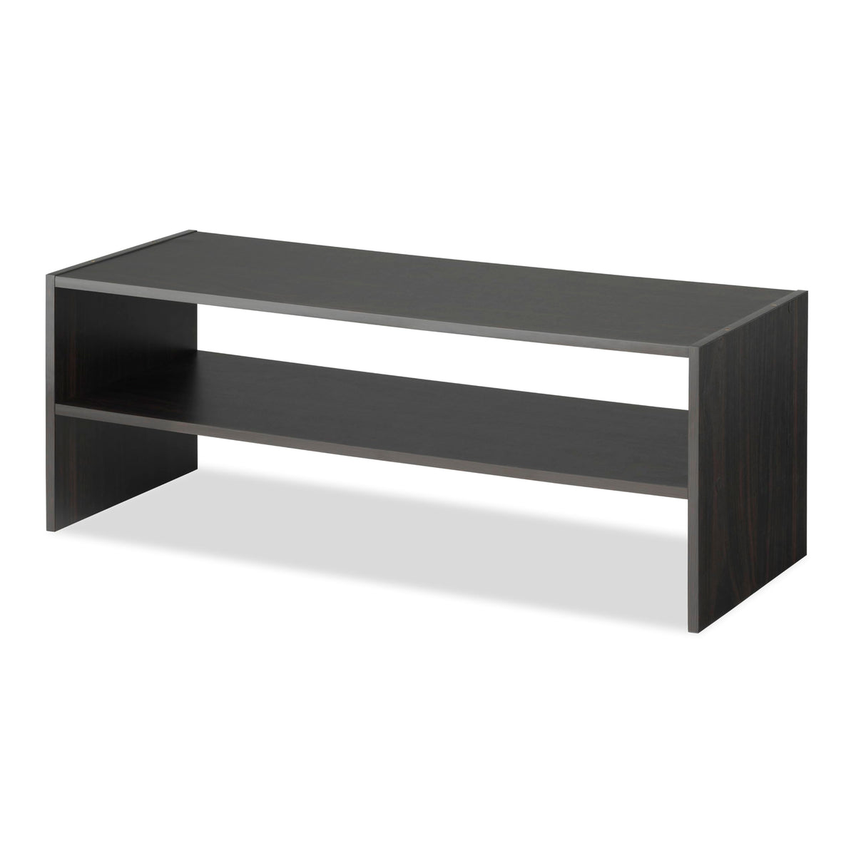 Whitmor stackable shoe shelf espresso during assembly shows quick, tool-assisted setup.