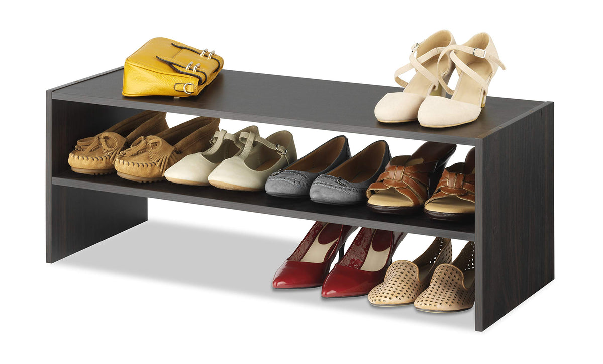 Whitmor stackable shoe shelf espresso inside a closet demonstrates space-saving organization.