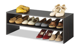 Whitmor stackable shoe shelf espresso inside a closet demonstrates space-saving organization.