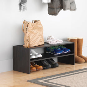 Whitmor stackable shoe shelf espresso closeup highlights sturdy wood panels for organized storage.