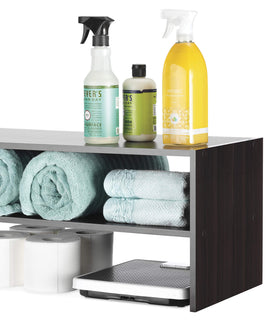 Whitmor stackable shoe shelf espresso with shoes demonstrates ample capacity.