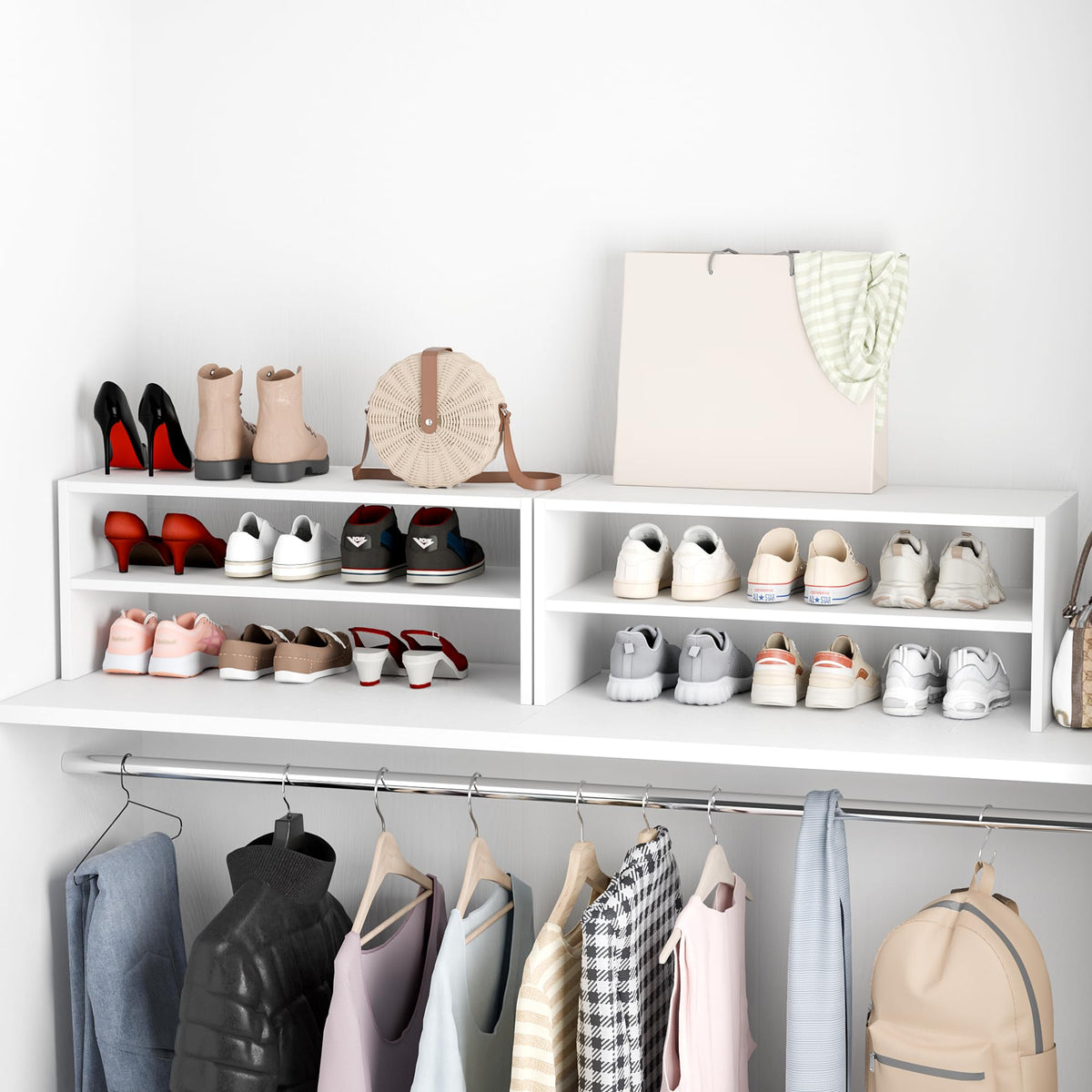 Whitmor stackable wood shelves in closet optimize space and accessory storage