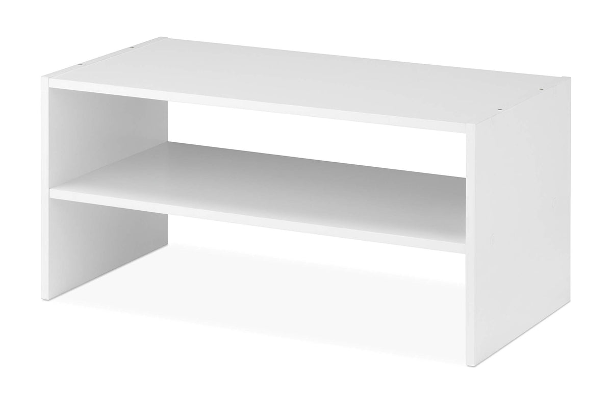 Whitmor wood stackable 2-shelf shoe rack in white showing capacity for up to nine pairs.