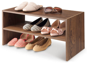 Whitmor wood stackable shoe rack walnut front view showing compact storage solution